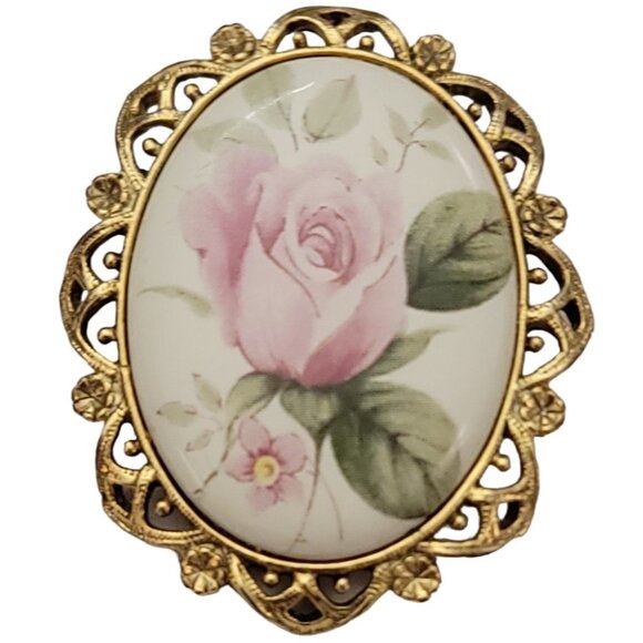 1928 Brand Rose Ceramic Cameo Style Brooch Pin K344 - Picture 1 of 8